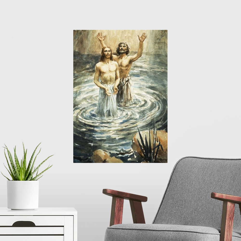 A modern room featuring Christ being baptised by John the Baptist