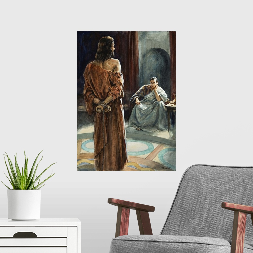 A modern room featuring Christ in front of Pontius Pilate