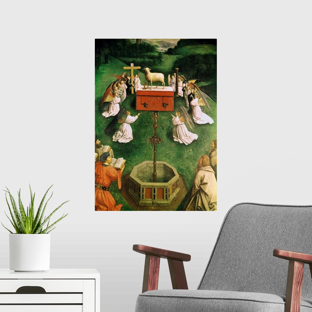 A modern room featuring Copy of The Adoration of the Mystic Lamb, from the Ghent Altarpiece
