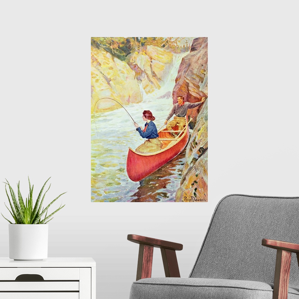 A modern room featuring Couple Fishing near a Waterfall