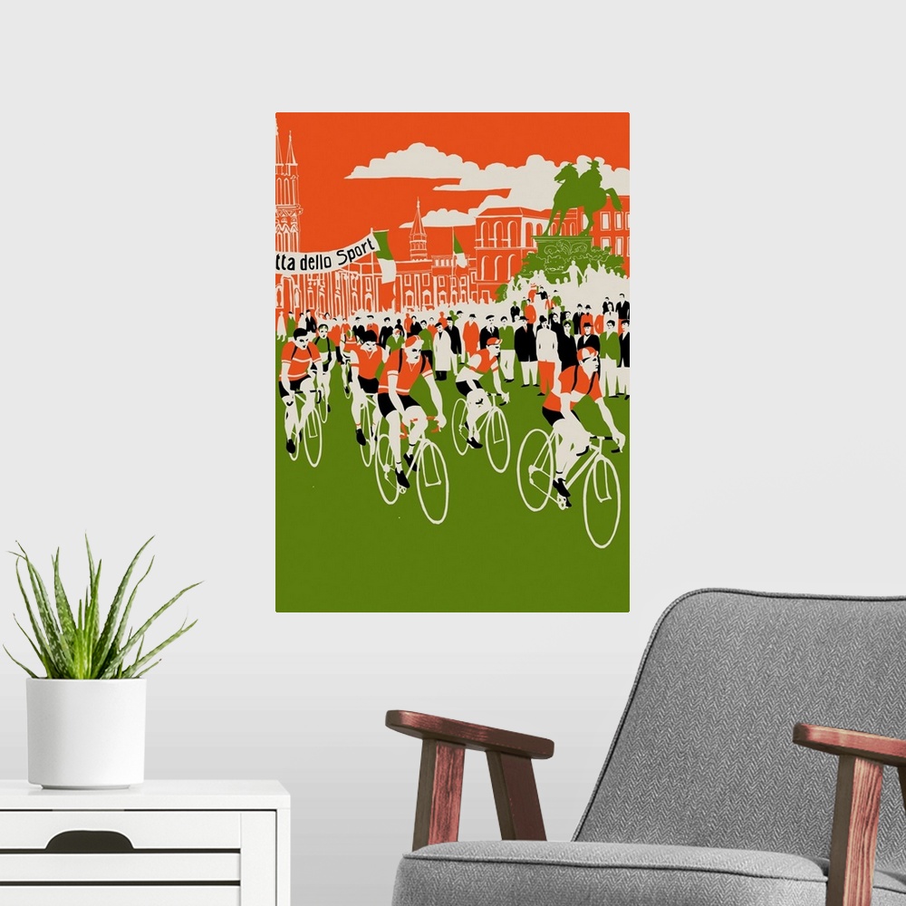 A modern room featuring Contemporary illustration of a cycling race.