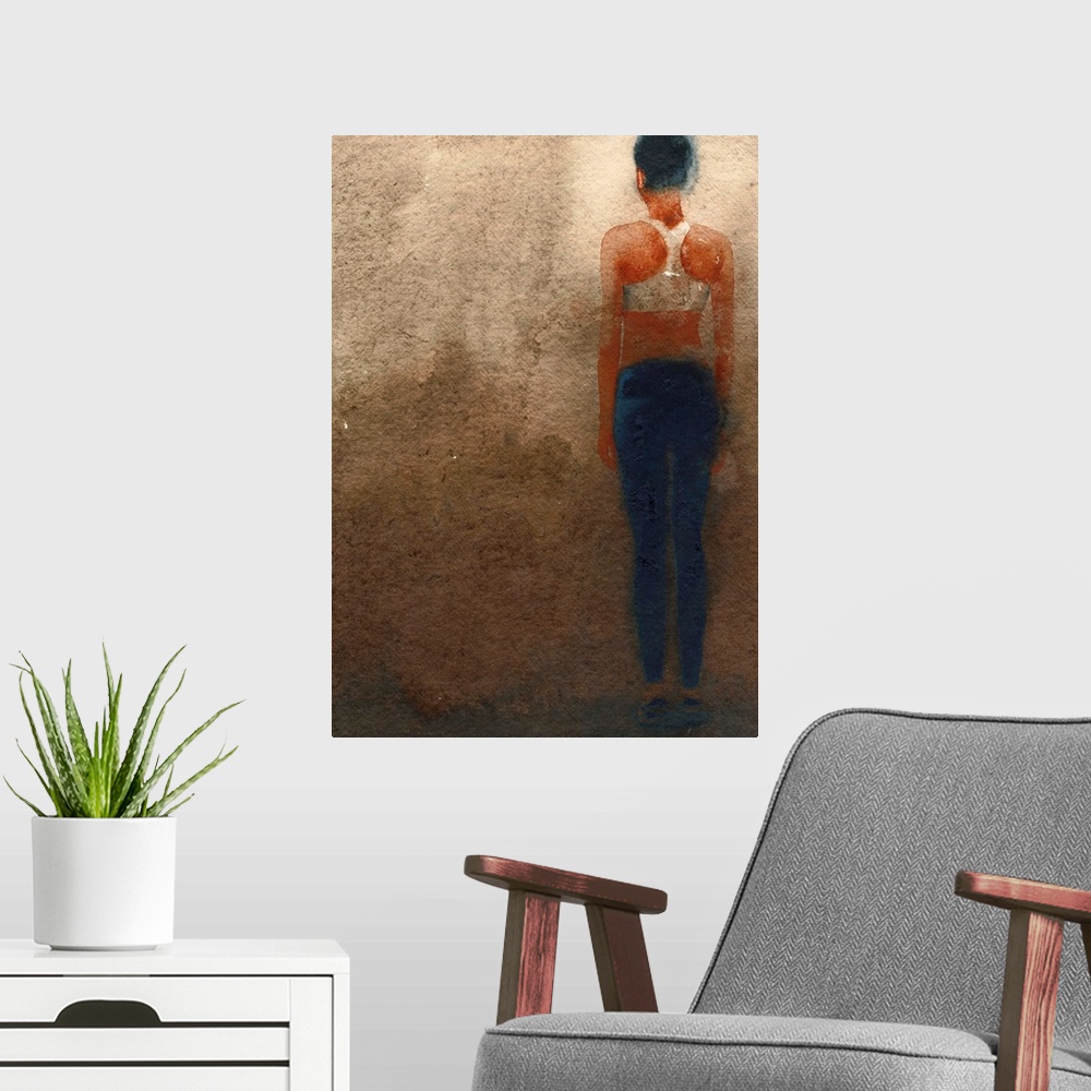 A modern room featuring Contemporary painting of an athlete seen from behind.