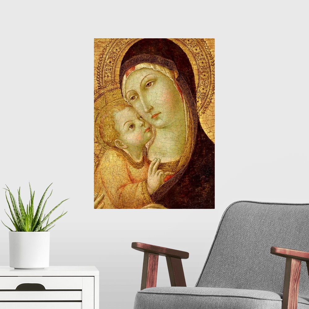 A modern room featuring Madonna and Child