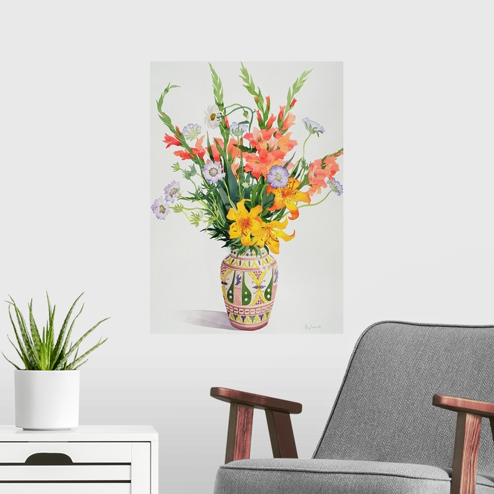 A modern room featuring Orange and Blue Flowers in a Moroccan Vase