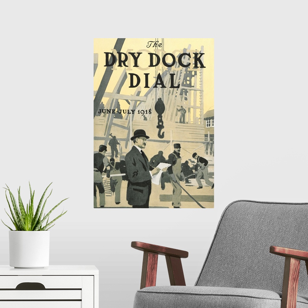 A modern room featuring 'Our New Dry Dock', front cover of the 'Morse Dry Dock Dial', June-July 1918