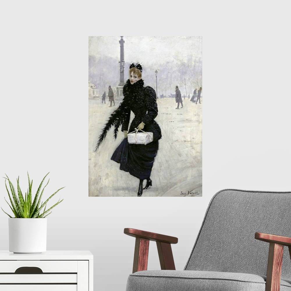 A modern room featuring Classic artwork of a woman standing outside dressed in all black during winter as snow blows in f...