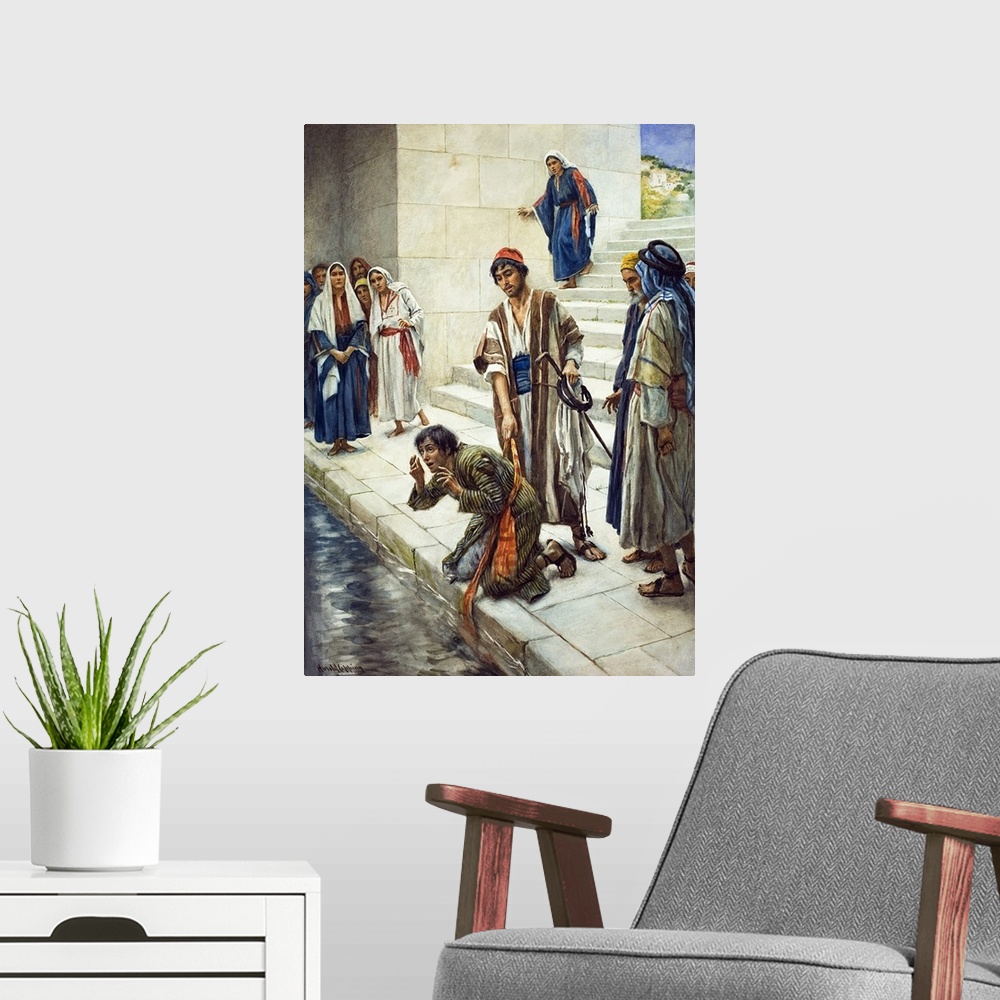 A modern room featuring Pool. Original artwork for Look and Learn or The Bible Story.  Blind man being healed at the Pool...
