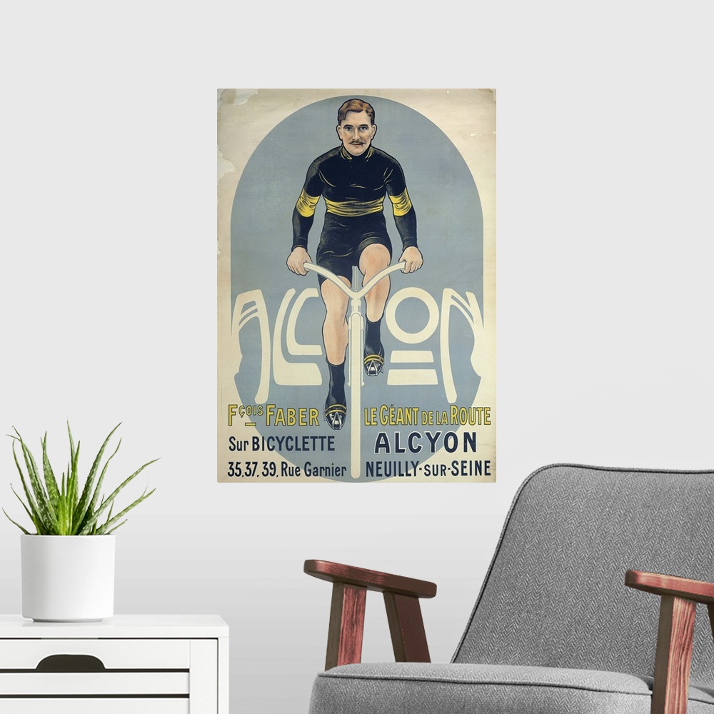 A modern room featuring Poster depicting Francois Faber (d.1915) on his Alcyon bicycle