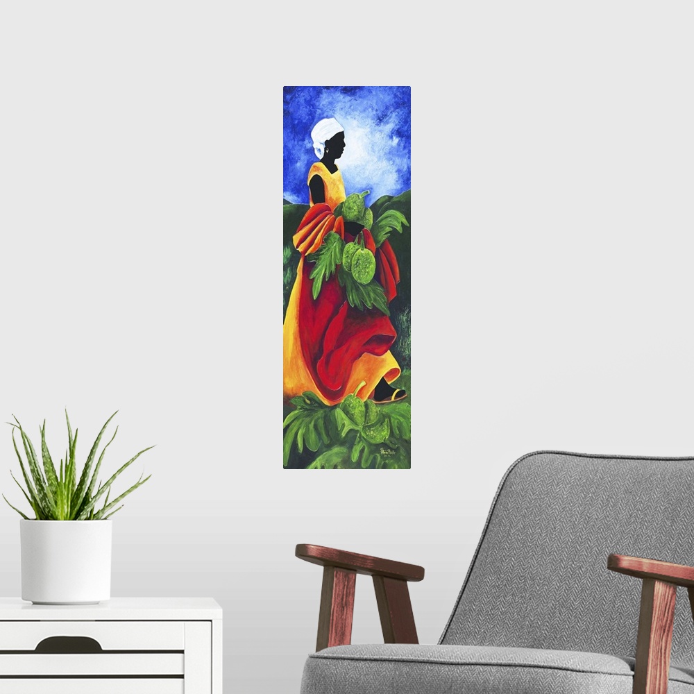 A modern room featuring Contemporary painting of a woman collecting breadfruit.