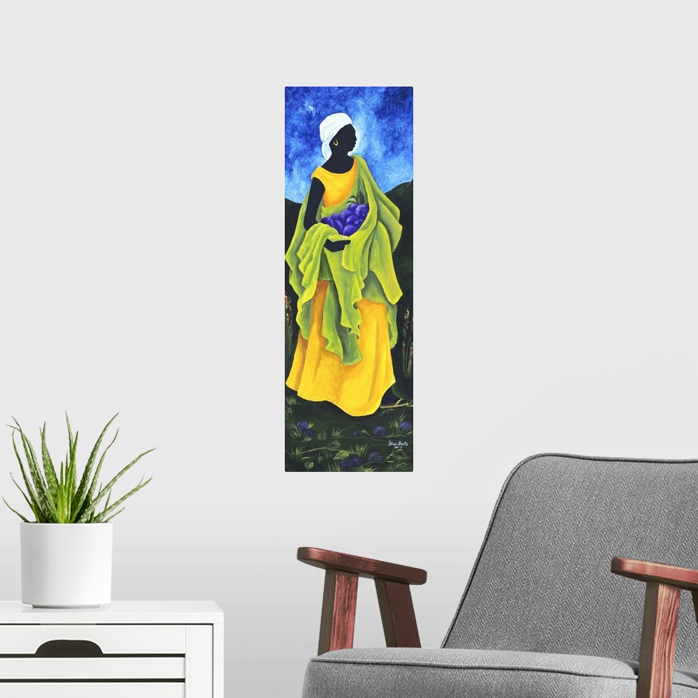 A modern room featuring Contemporary painting of a woman collecting Cayemite.