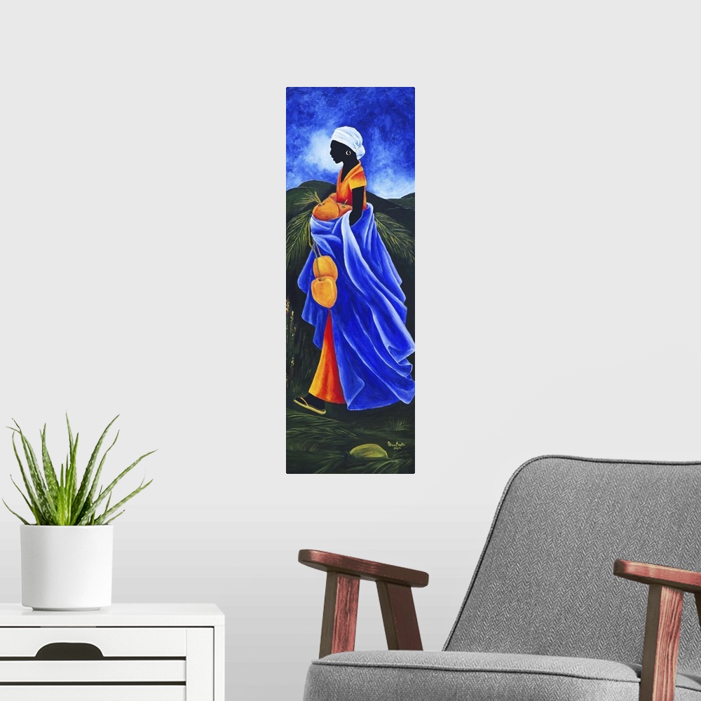 A modern room featuring Contemporary painting of a woman collecting coconut.
