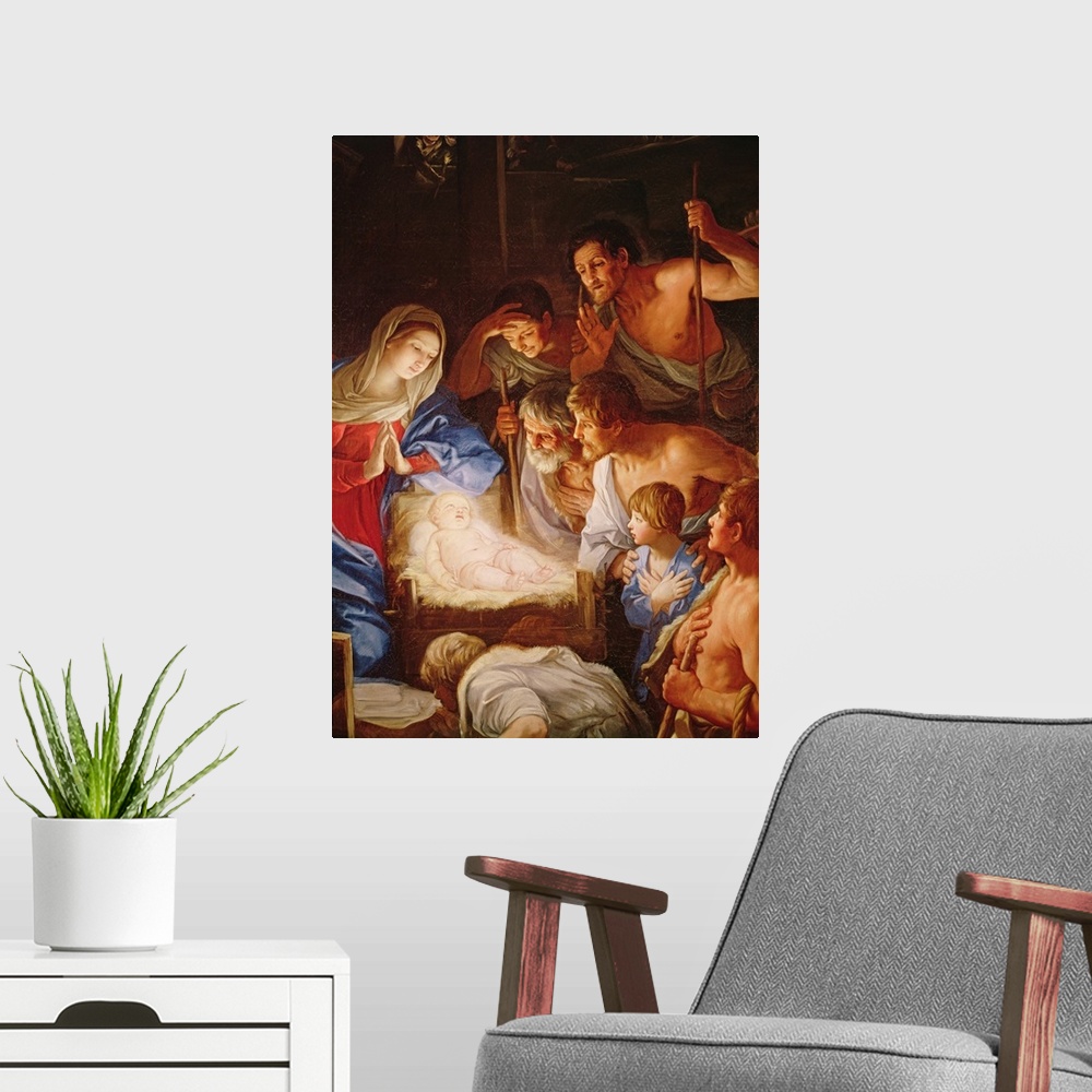 A modern room featuring Adoration des Bergers, le groupe autour de Jesus;