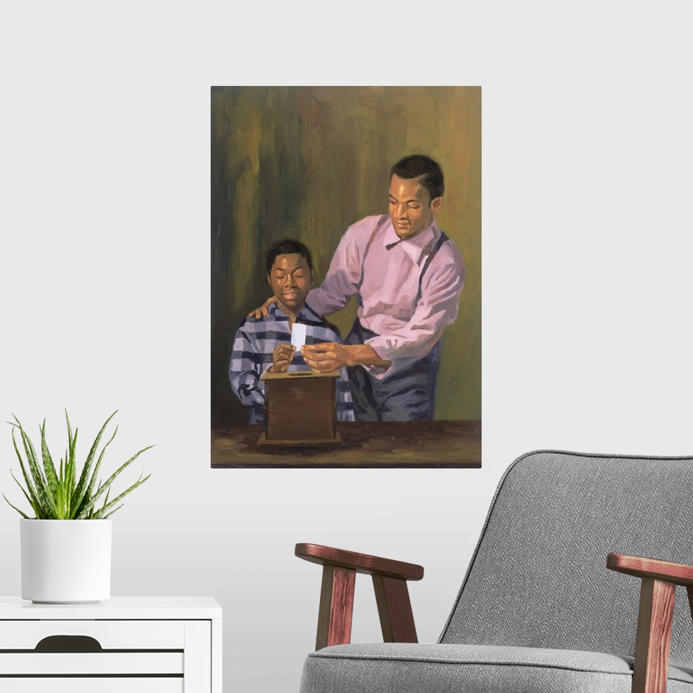 A modern room featuring Contemporary painting of an African American man helping his son place a ballot in a ballot box.