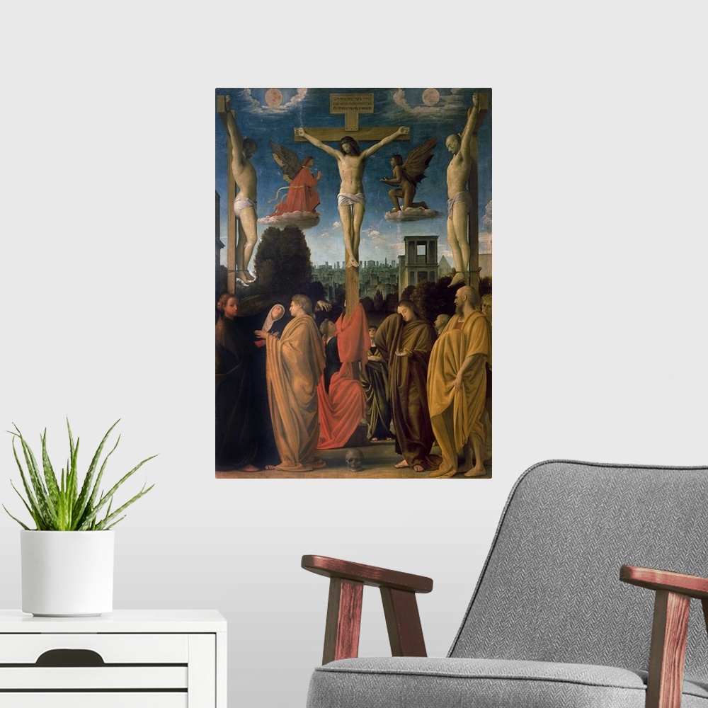 A modern room featuring The Crucifixion