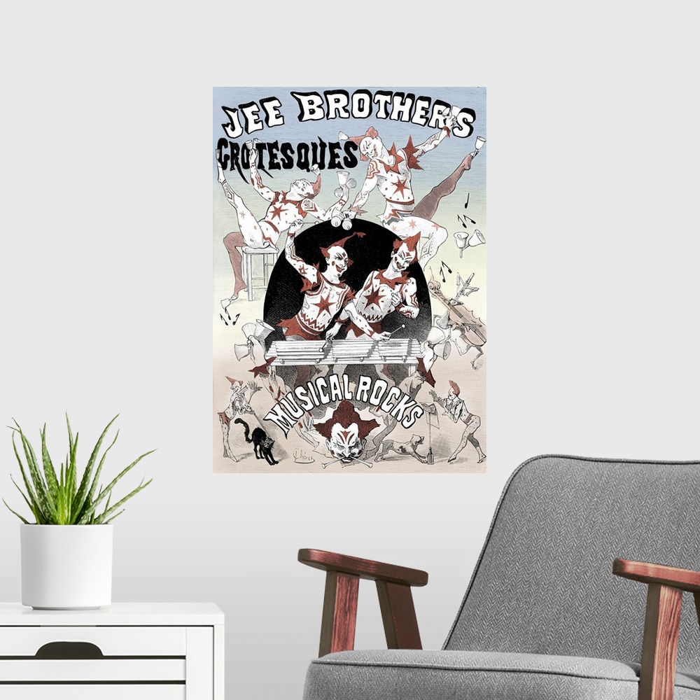 A modern room featuring The Jee Brothers Grotesques Musical Rocks, poster for an English clown act also featuring musicia...
