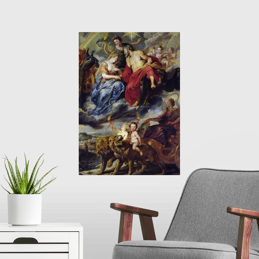 A modern room featuring XIR213389 The Medici Cycle: Meeting of Henri IV (1553-1610) and Marie de Medici (1573-1642) at Ly...