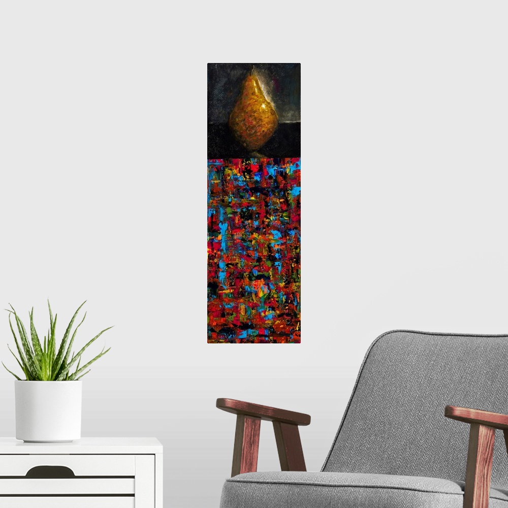 A modern room featuring Still life panel painting of a pear on a dark background with a vibrant, abstract bottom half.