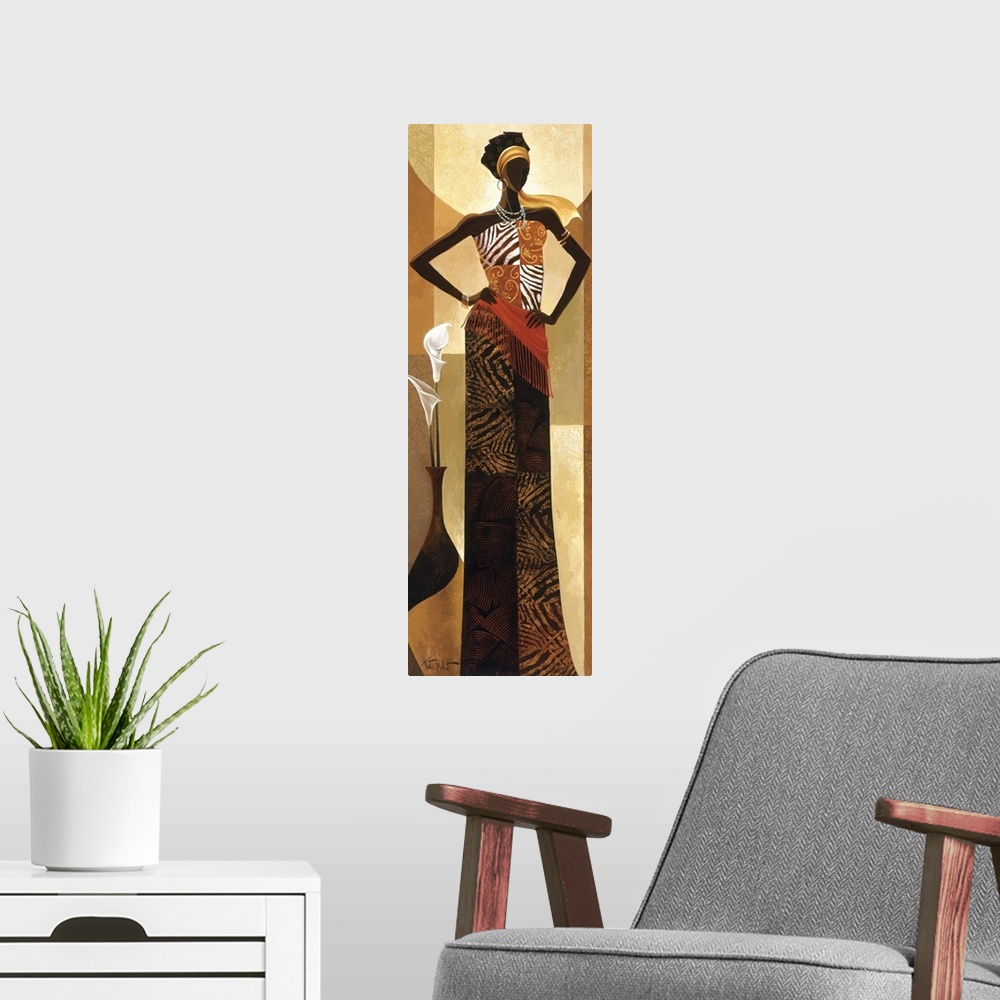 A modern room featuring Artwork of an African woman in traditional dress.