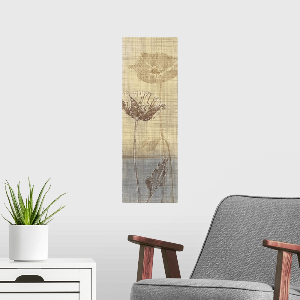 A modern room featuring A vertical digital artwork of two flowers with long stems with a weaved textured overlay.