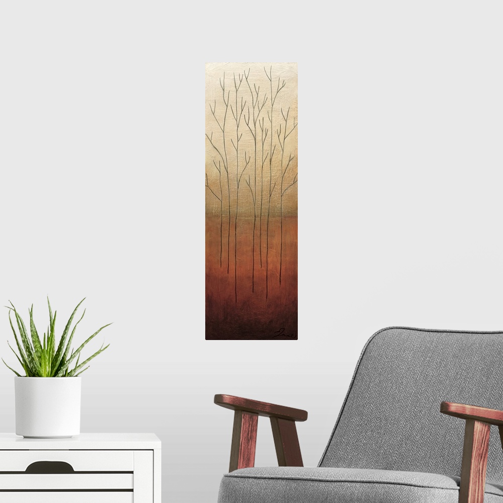 A modern room featuring Vertical contemporary painting of thin black branches against a beige and brown textured background.