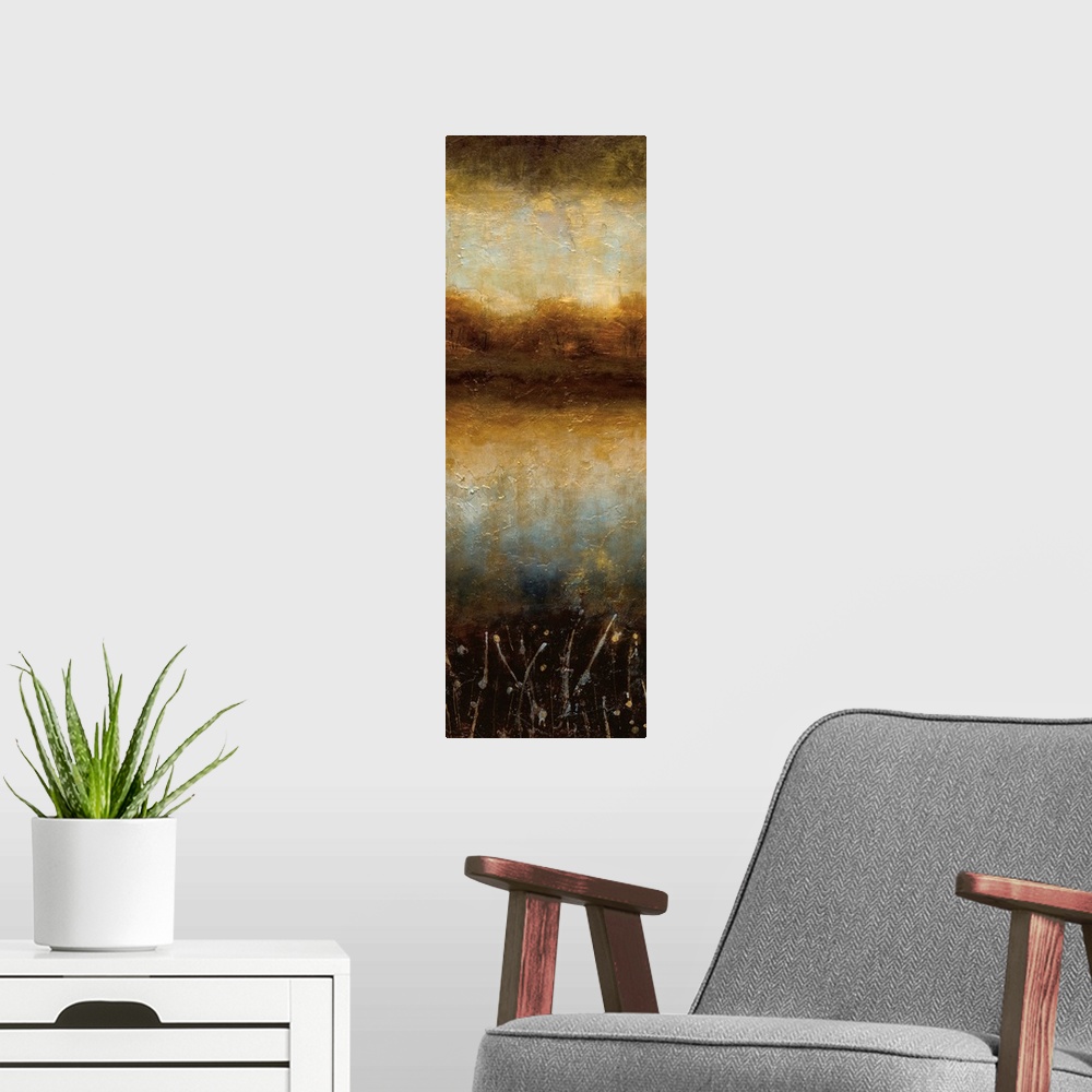 A modern room featuring A long contemporary painting of a lake landscape in textured warm colors of orange, brown and black.