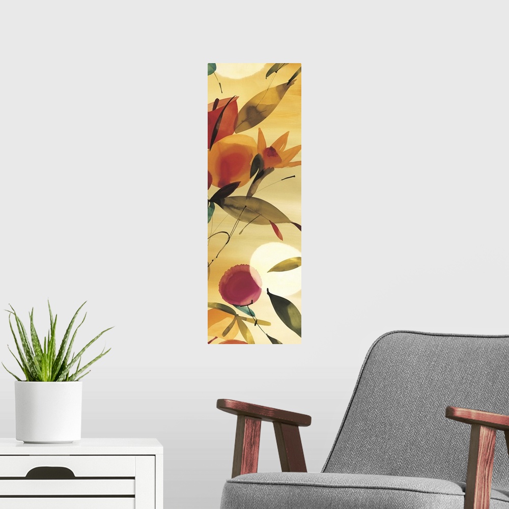 A modern room featuring A long vertical painting in a modern design of leaves on a warm backdrop.