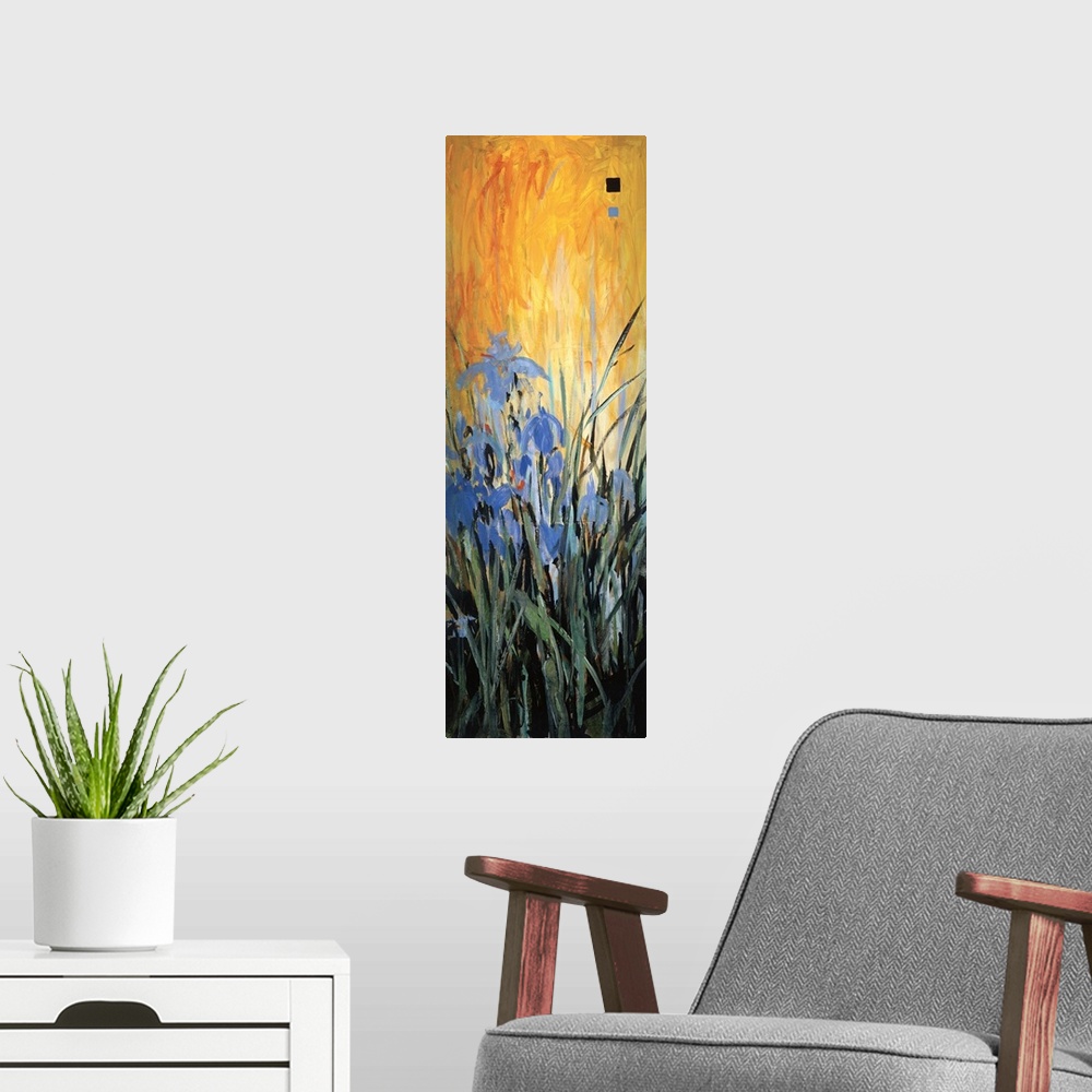 A modern room featuring A contemporary painting with blue flowers with long grass and a bright orange background.