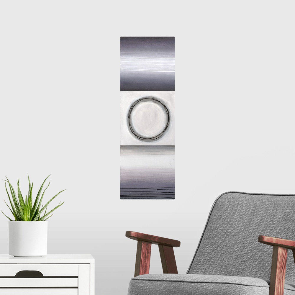 A modern room featuring A long vertical design of a circle bordered with squares having fine horizontal lines in hues of ...