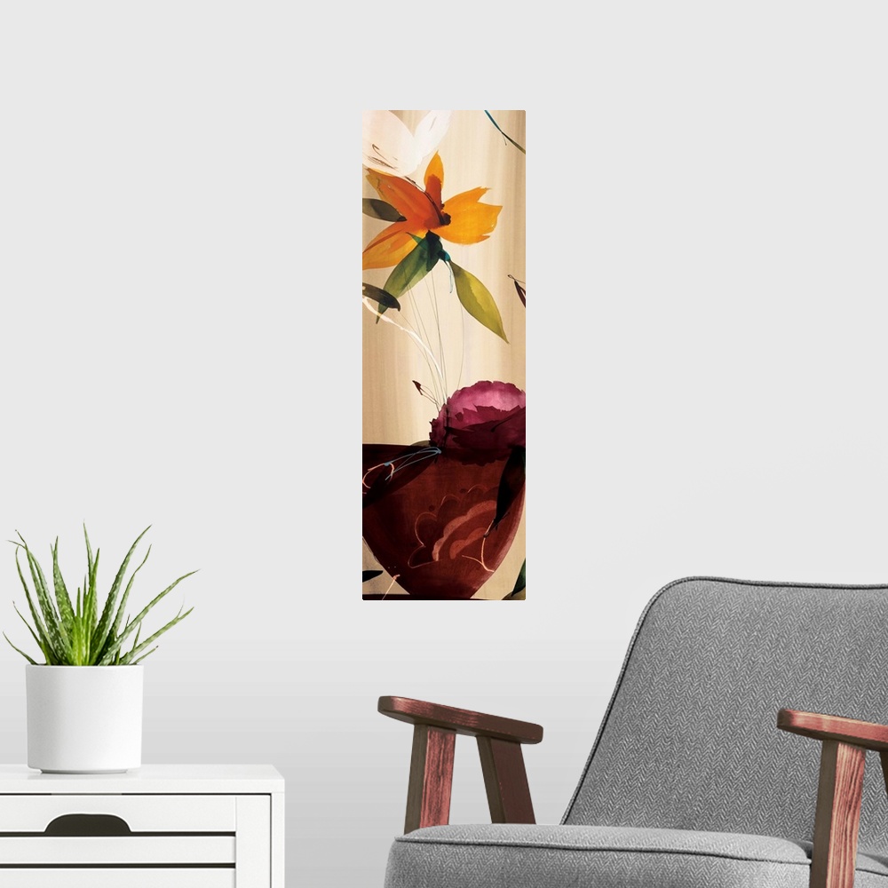 A modern room featuring A modern abstract of a bouquet of flowers in a vase.
