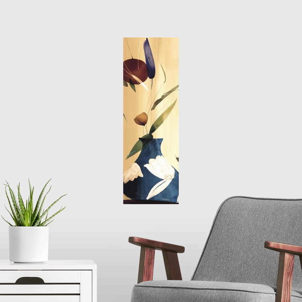 A modern room featuring A long vertical painting in a modern design of flowers in a blue vase.