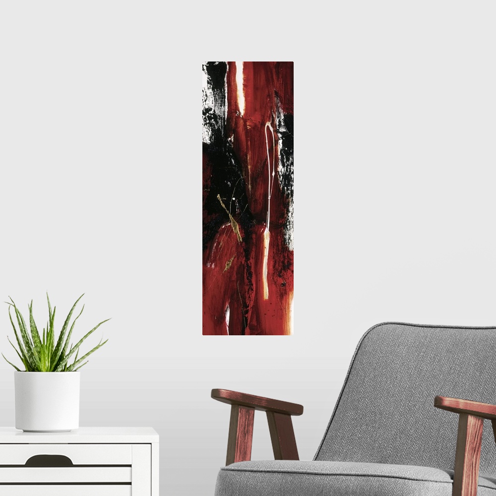 A modern room featuring A long vertical abstract in colors of black, red and white with drips of paint and gold accents.