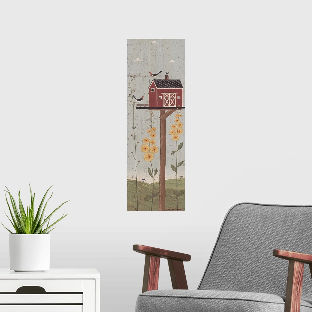 A modern room featuring Americana birdhouse panel by renowned artist Warren Kimble
