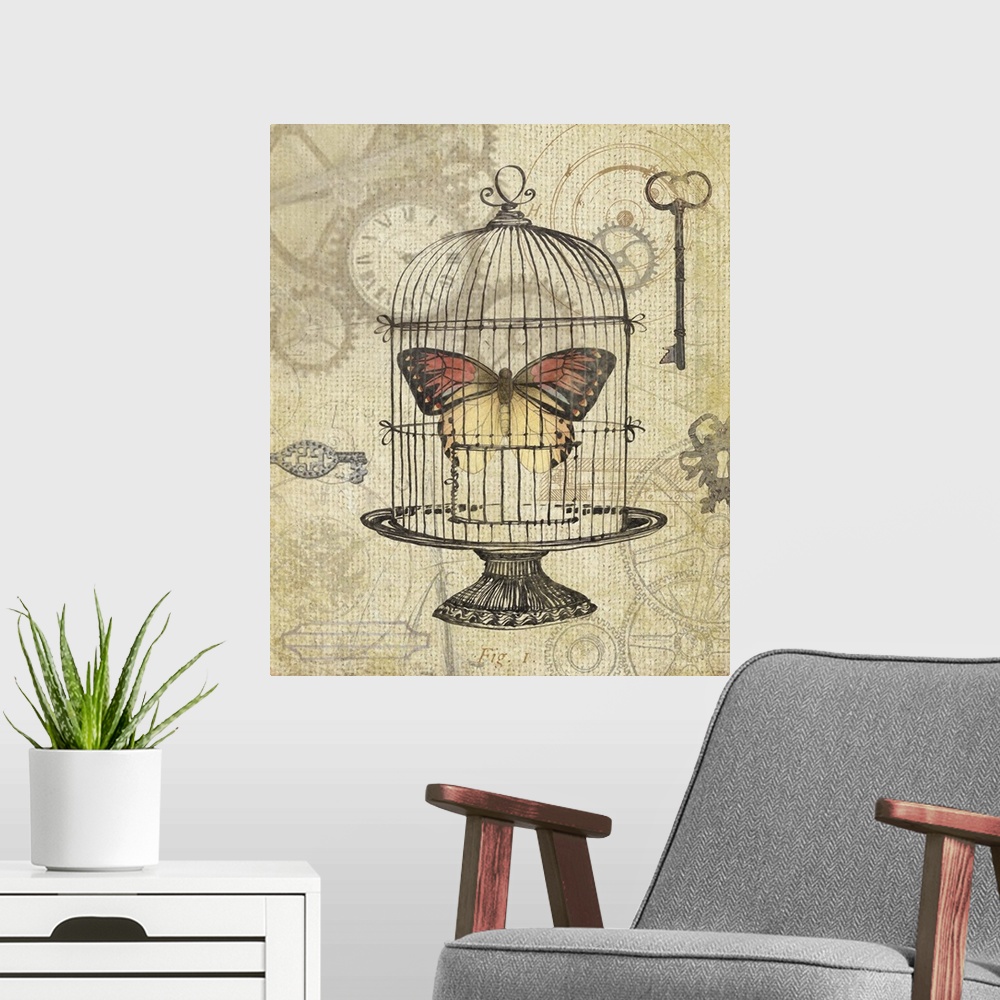 A modern room featuring Botanical, steampunk-inspired butterfly art, great for any room and decor