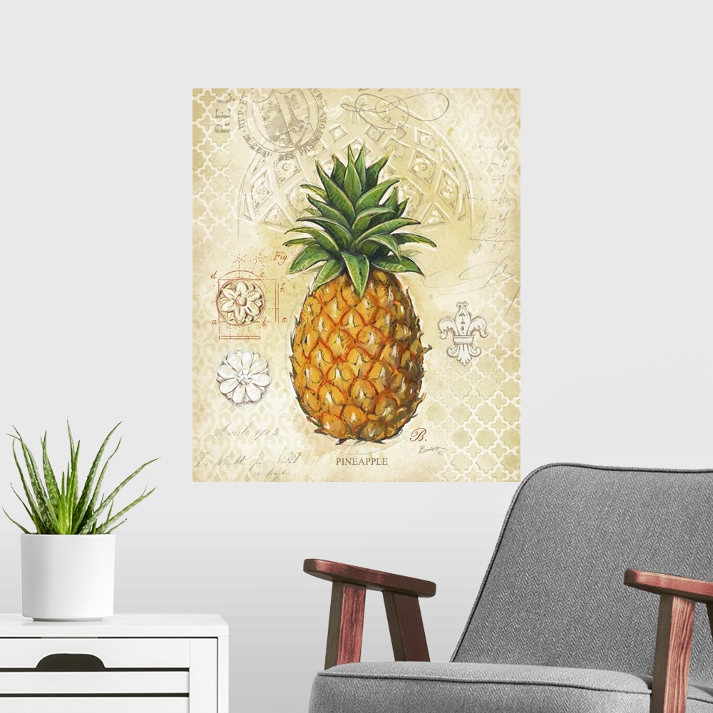 A modern room featuring Classic treatment of the lovely pineapple, fine art look for any decor style.