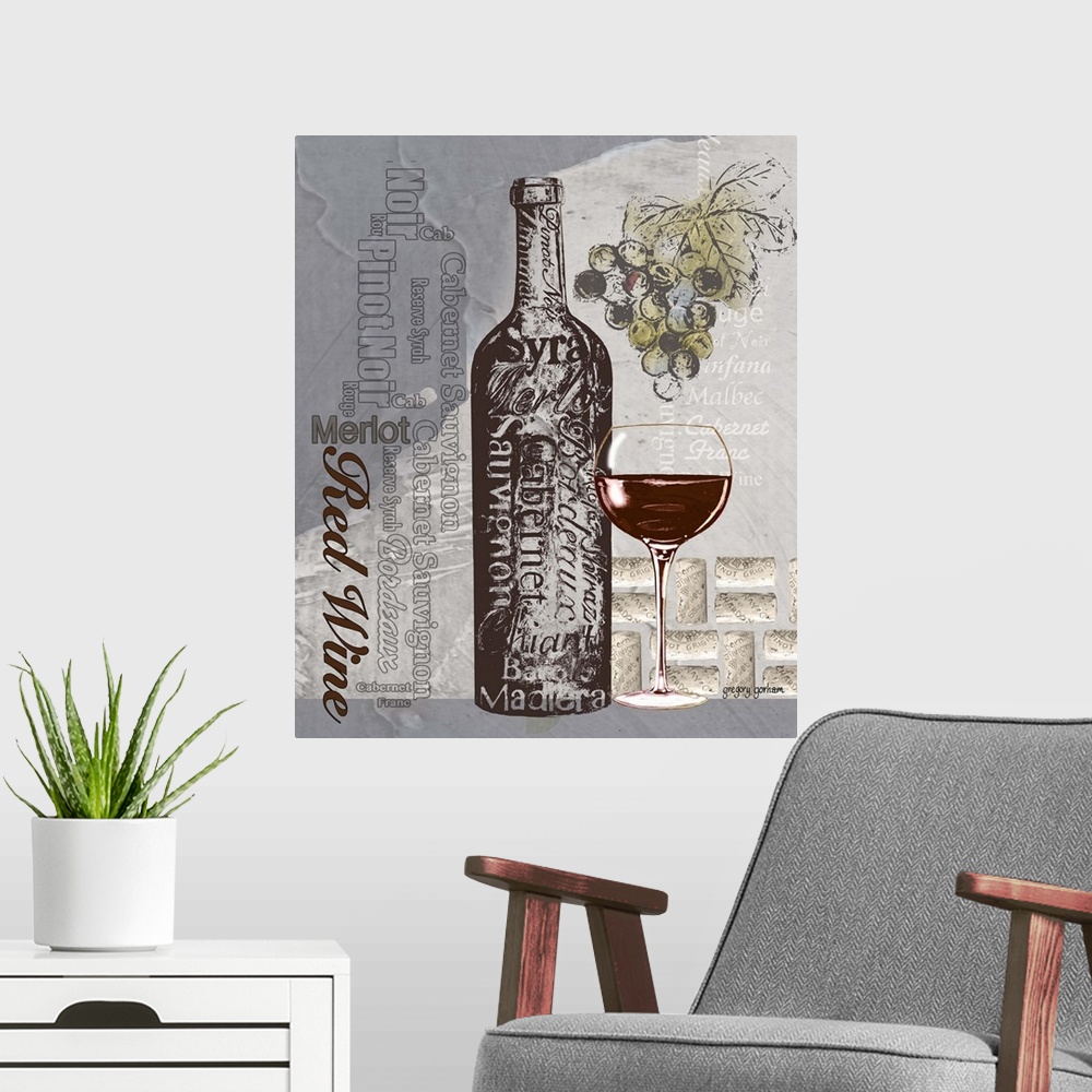 A modern room featuring Strikingly tonal art with a variety of red wines references.