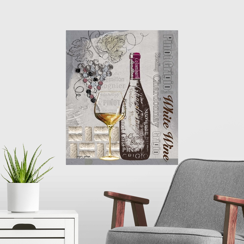 A modern room featuring Strikingly tonal art with a variety of white wines references.