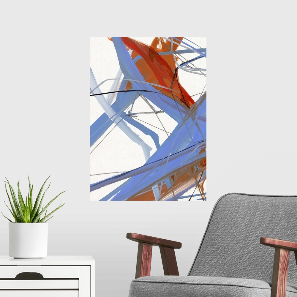 A modern room featuring Contemporary abstract painting in strong strokes of blue and red over white.
