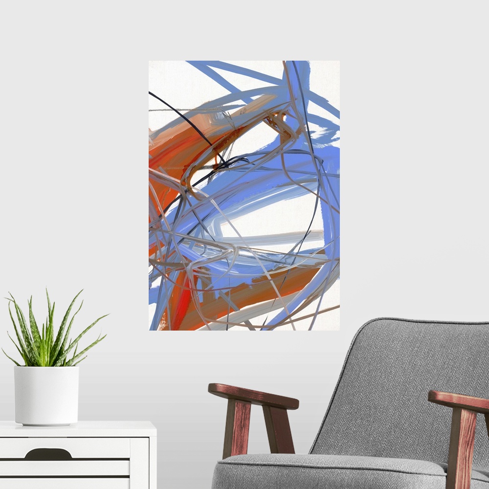A modern room featuring Contemporary abstract painting in strong strokes of blue and red over white.