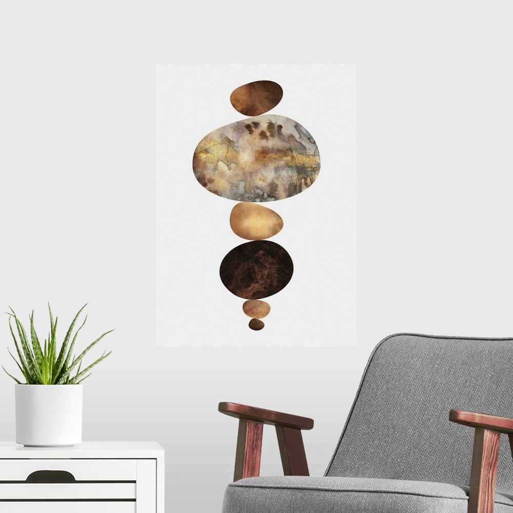 A modern room featuring A set of organic oval shapes in metallic brown shades resting atop one another on a white background