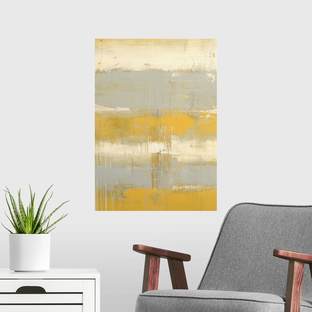 A modern room featuring Contemporary painting of a color-field of pale yellow and light gray.
