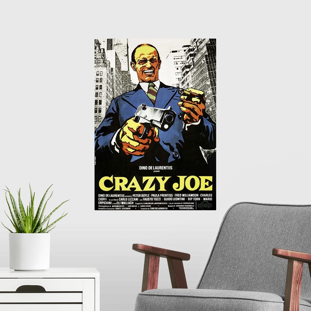 A modern room featuring Crazy Joe, Italian Poster Art, Peter Boyle, 1974.
