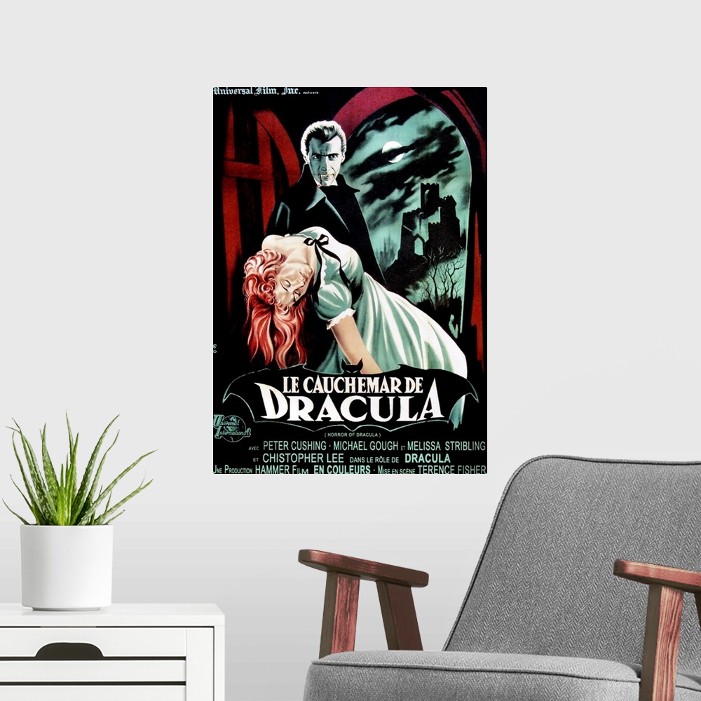 A modern room featuring HORROR OF DRACULA (aka LE CAUCHEMAR DE DRACULA), top: Christopher Lee on French poster art, 1958.