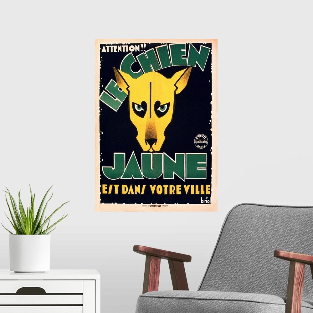 A modern room featuring Le Chien Jaune, (aka The Yellow Dog), French Poster, 1932.