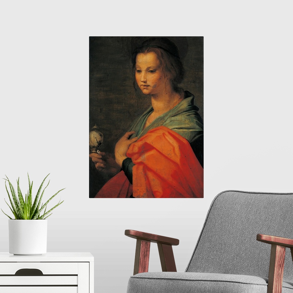 A modern room featuring Italy, Lombardy, Milan, Brera art gallery. All. Magdalene young woman bust half profile red drape...
