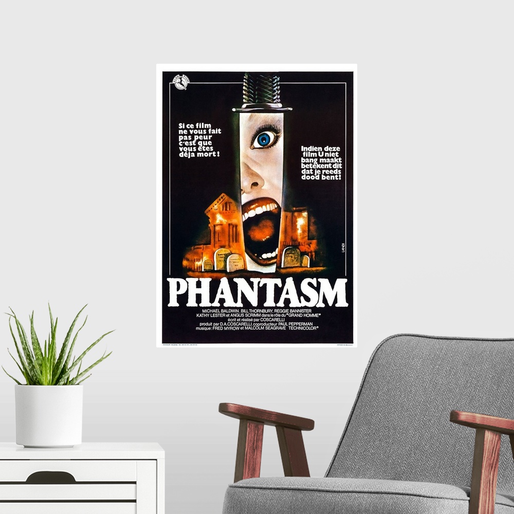 A modern room featuring Phantasm, Belgian Poster Art, 1979.