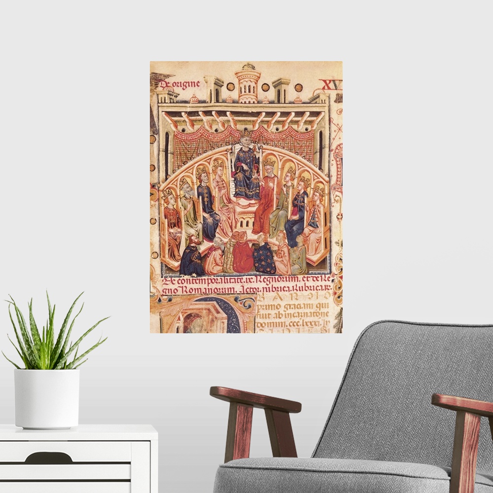 A modern room featuring Speculum Historialis (14th c.). Meeting of nine kings. Gothic art