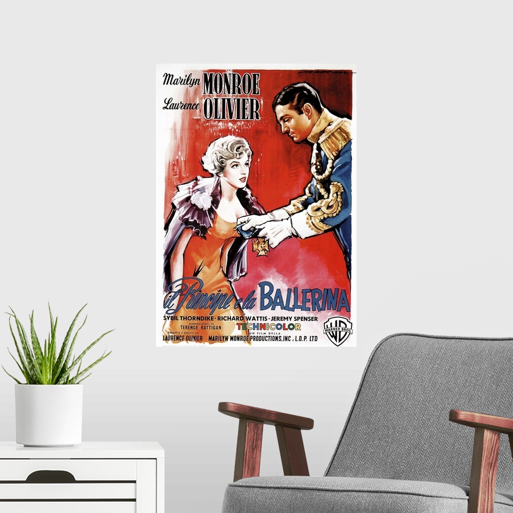 A modern room featuring The Prince And The Showgirl, (aka Il Principe E La Ballerina), Italian Poster Art, From Left: Mar...