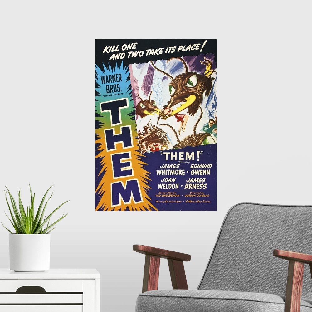 A modern room featuring THEM!, US poster art, 1954