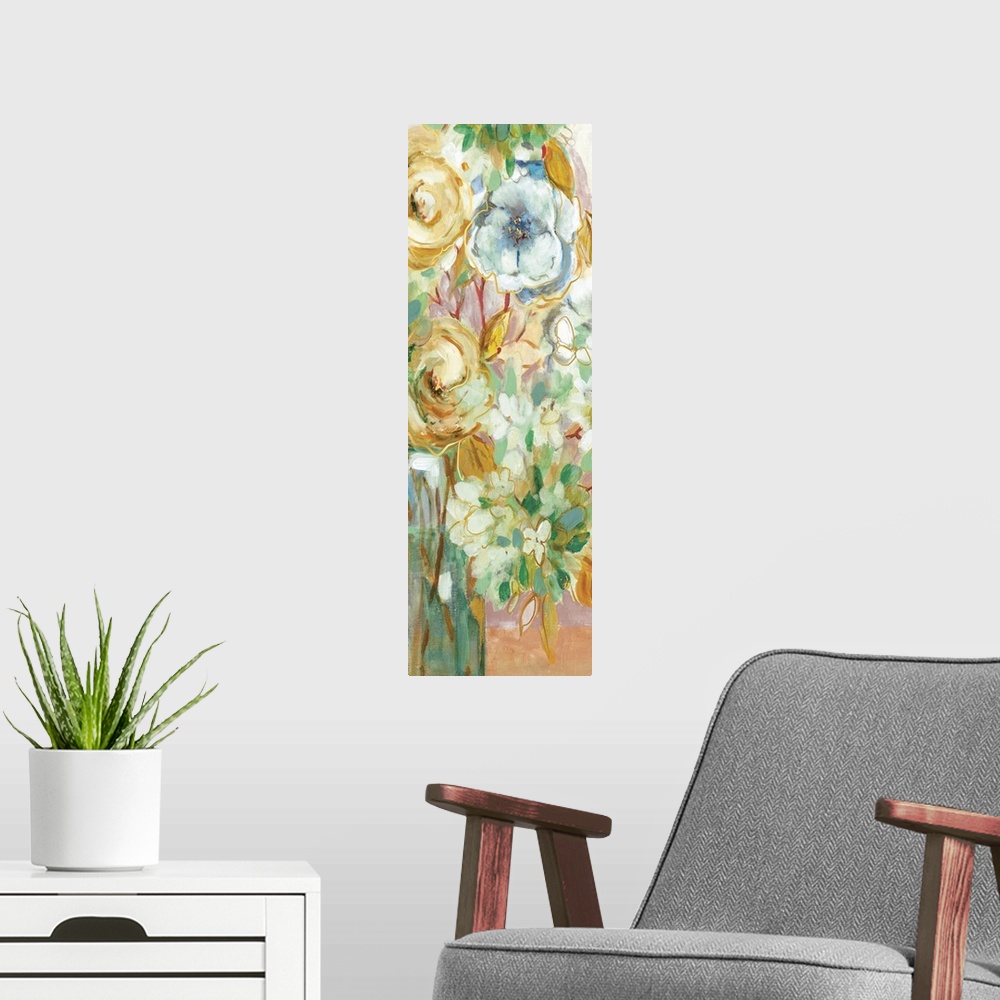 A modern room featuring Large panel painting of colorful flowers in a vase with metallic gold outlines.