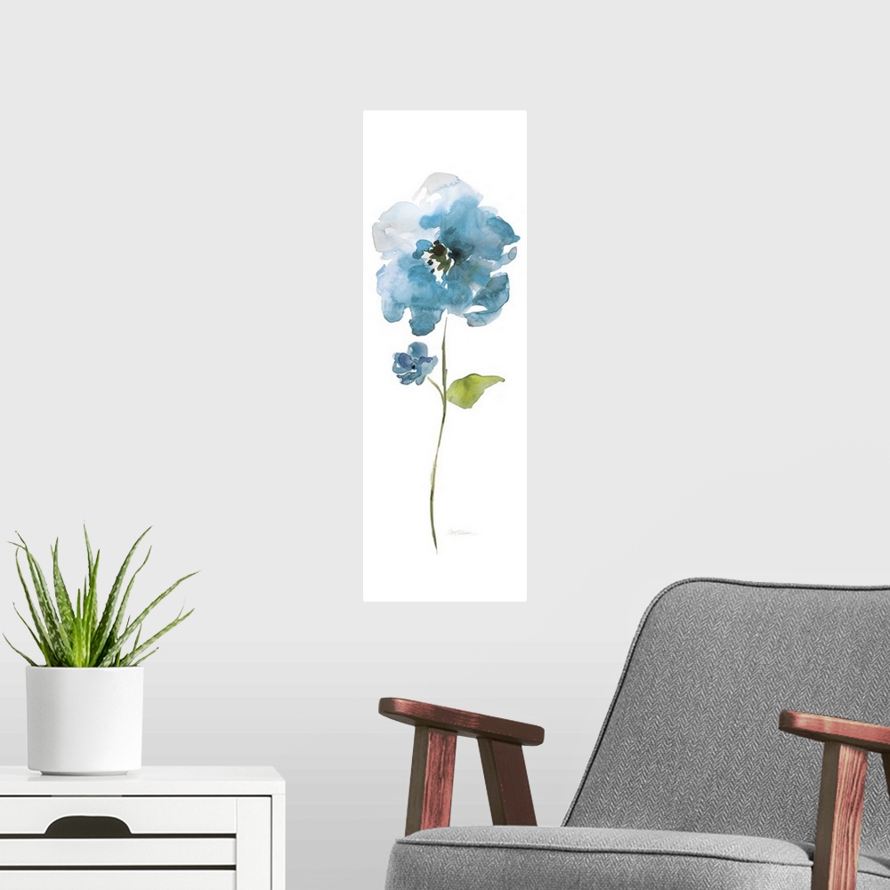 A modern room featuring Watercolor painting of a bright blue flower on a white background.